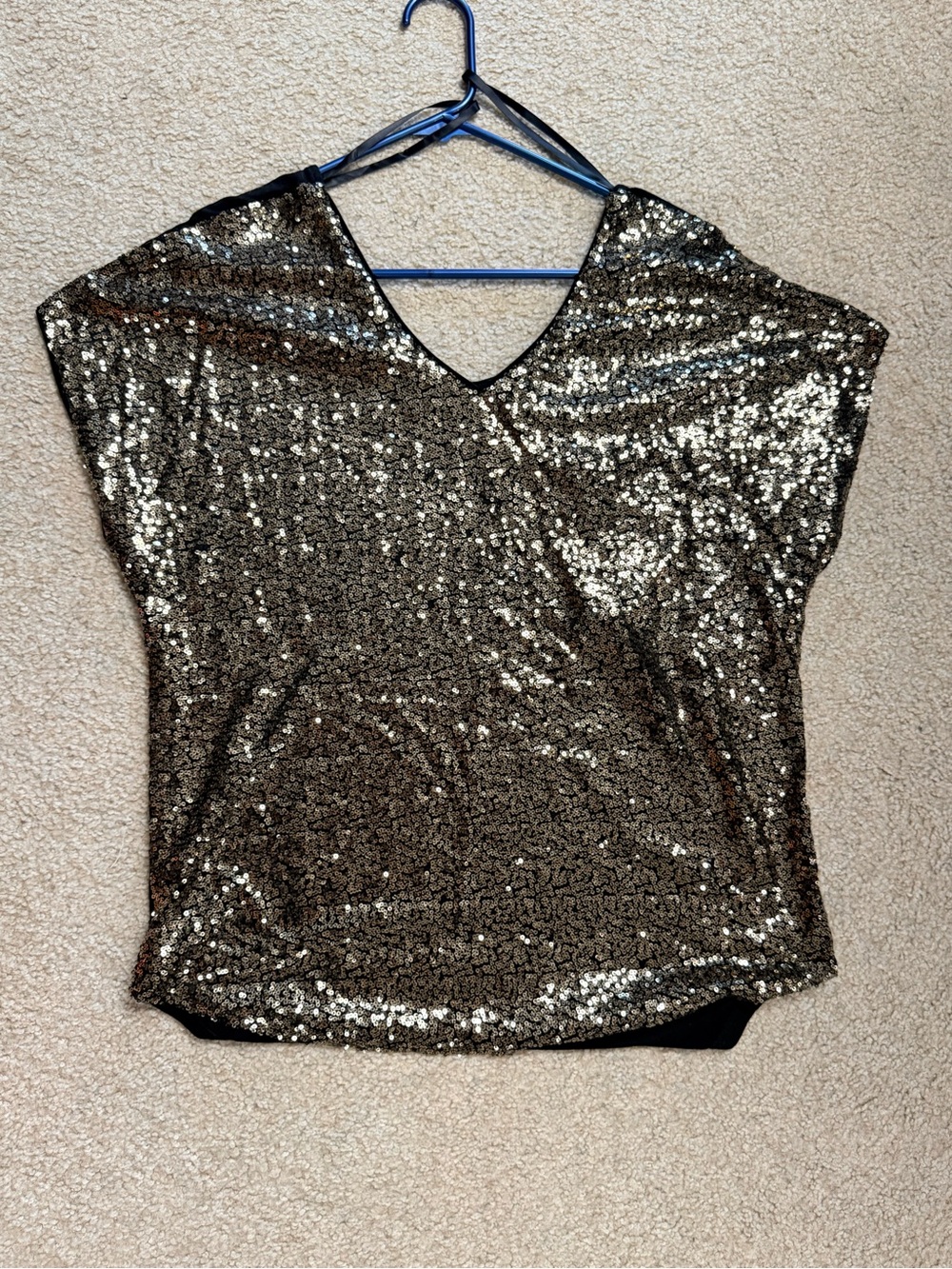 She + Sky Gold Sequin V-Neck Short Sleeve Top
